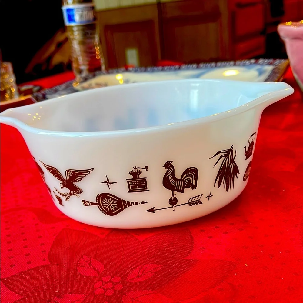 Vintage Pyrex White Mixing Bowl with Brown Farmhouse Design